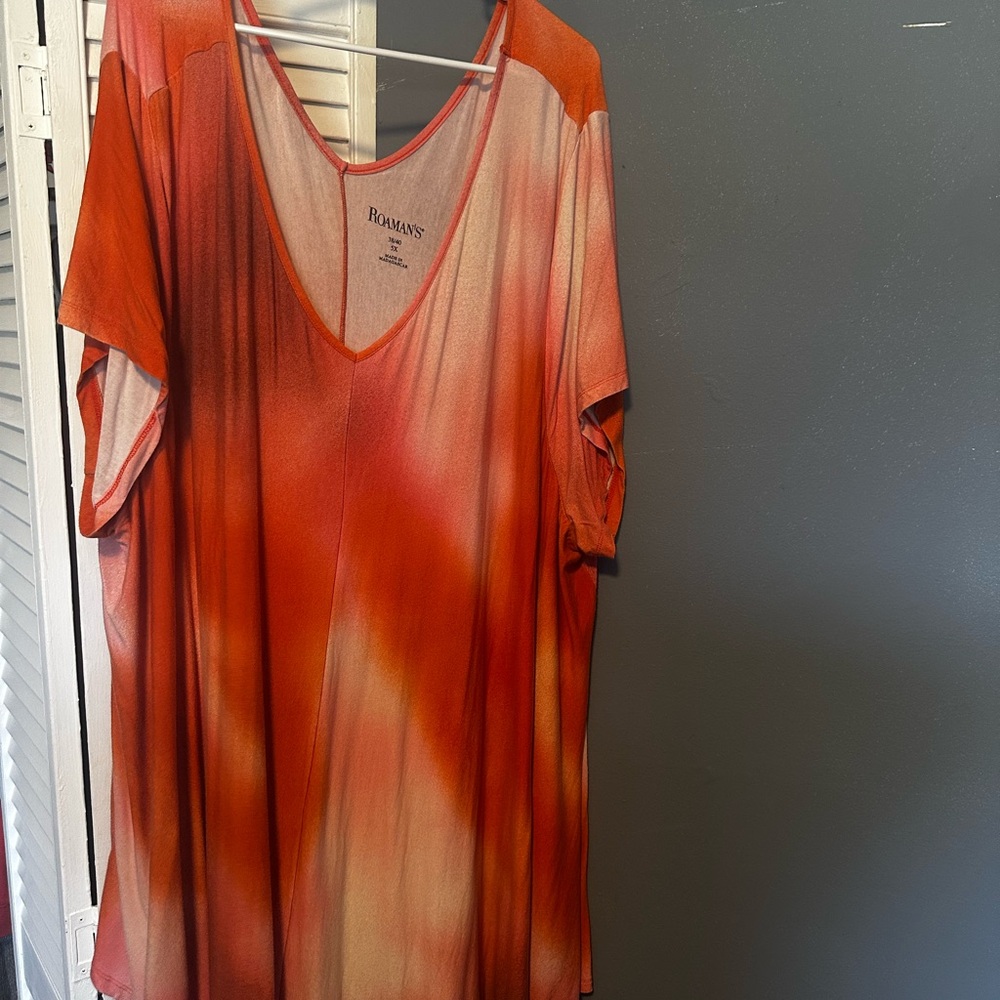 Roaman's Women's Orange and Cream V-Neck Tie-Dye Tunic